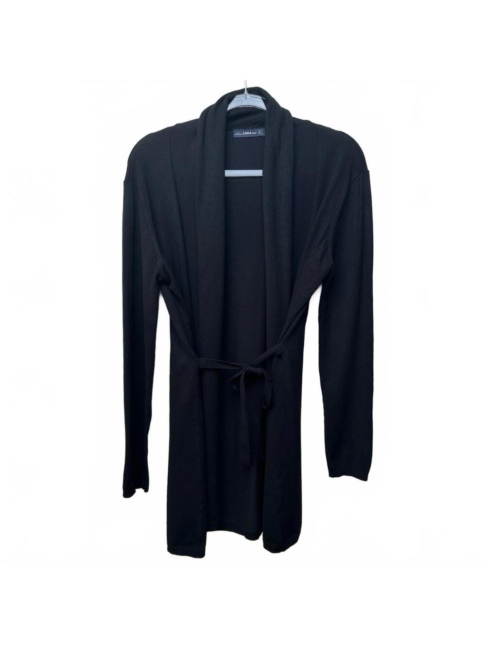 Zara Knit Black Longline Belted Open Front Cardigan Women L